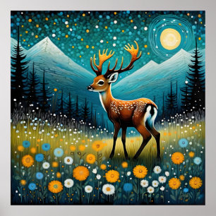 Poster Fleurs mignonnes de cerf prairie Fantaisie 