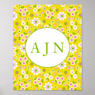 Poster Fleurs Mood rétro Monogramme jaune et blanc