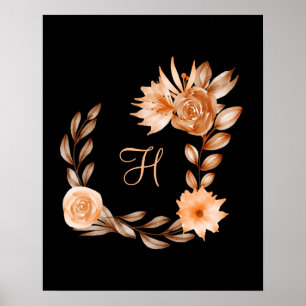 Poster Fleurs noir marron et pêche avec monogramme 