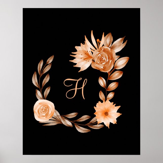 Poster Fleurs noir marron et pêche monogrammées  (Devant)