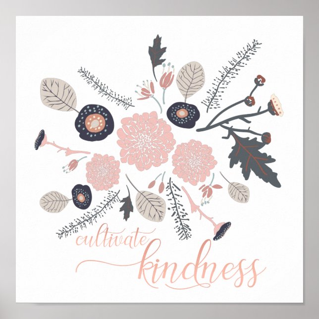 Poster Fleurs noires roses botaniques gentilles (Devant)