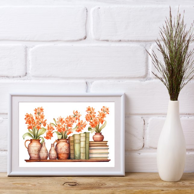Poster Fleurs orange dans les vases avec livres sur la bi (Créateur téléchargé)