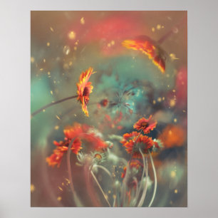 POSTER FLEURS ORANGES AVEC FOND ATMOSPHÉRIQUE DE RÊVE