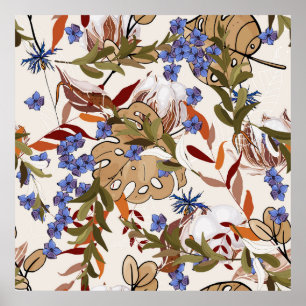 Poster Fleurs pastel fleurissant lis de feuilles verts. R