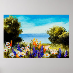 Poster fleurs peintes à l'huile près de la mer, champ de 