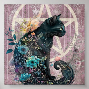 Poster Fleurs Pentacle Noir Frapper Chat Joyaux Tonées