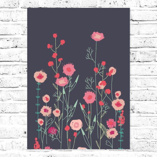 Poster Fleurs Plymouth Boho foncé Floral (Floral boho pink and black wild flower art poster)