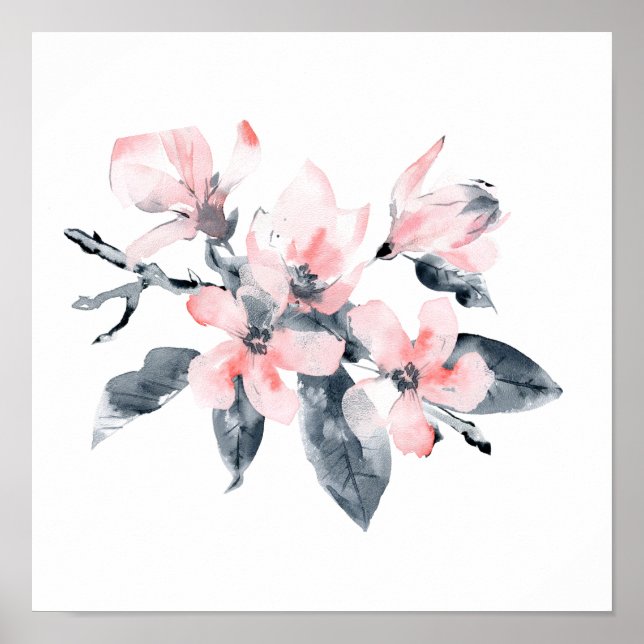 Poster Fleurs rose et gris Aquarelle classique (Devant)