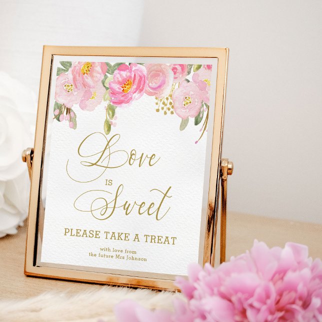 Poster Fleurs Rose Or Calligraphie Venez Prendre une Fria (Favor sign from my Pink and Gold Watercolor Floral Bridal Shower Collection)
