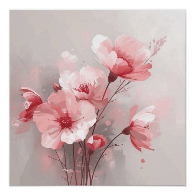 Poster Fleurs roses, blanches et grises (Devant)