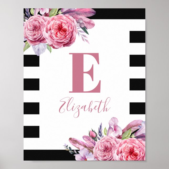 Poster Fleurs roses boho aquarelles. monogramme de pépini (Devant)