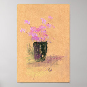 Poster Fleurs roses dans un vase noir
