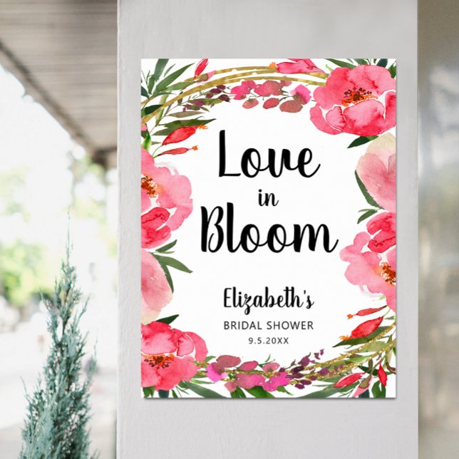 Poster Fleurs roses de l'amour en fleurs pour la fête de  (Love in Bloom Pink Peony Flowers Bridal Shower Welcome Poster, PRINTED or INSTANT DOWNLOAD)