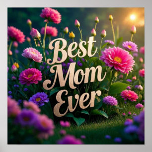 Poster Fleurs roses de marionnettes Meilleure maman jamai