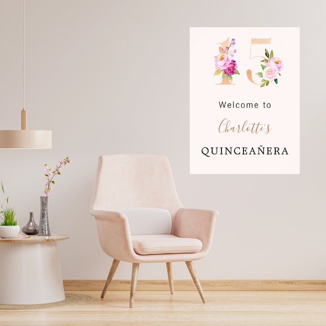 Poster Fleurs roses de Pêche nombre Quinceanera bienvenue (Créateur téléchargé)