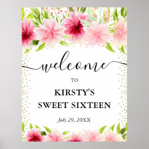 Poster Fleurs roses d'été bienvenue Sweet Sixteen