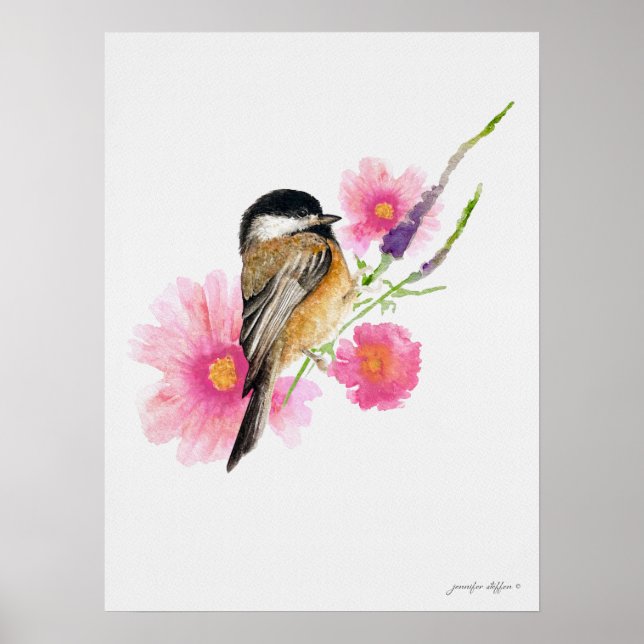 Poster Fleurs roses d'Oiseau de poulet Aquarelle Art (Devant)