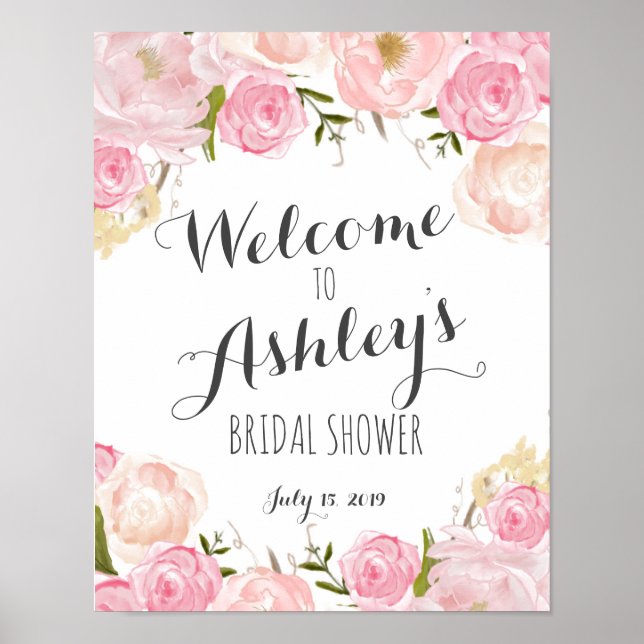 Poster Fleurs roses Douche nuptiale signe de bienvenue (Devant)