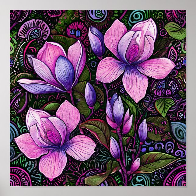 Poster Fleurs roses Élégant Art floral vintage (Devant)