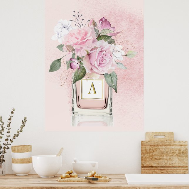 Poster Fleurs Roses Élégant Bouteille de Parfum Monogramm (Cuisine)