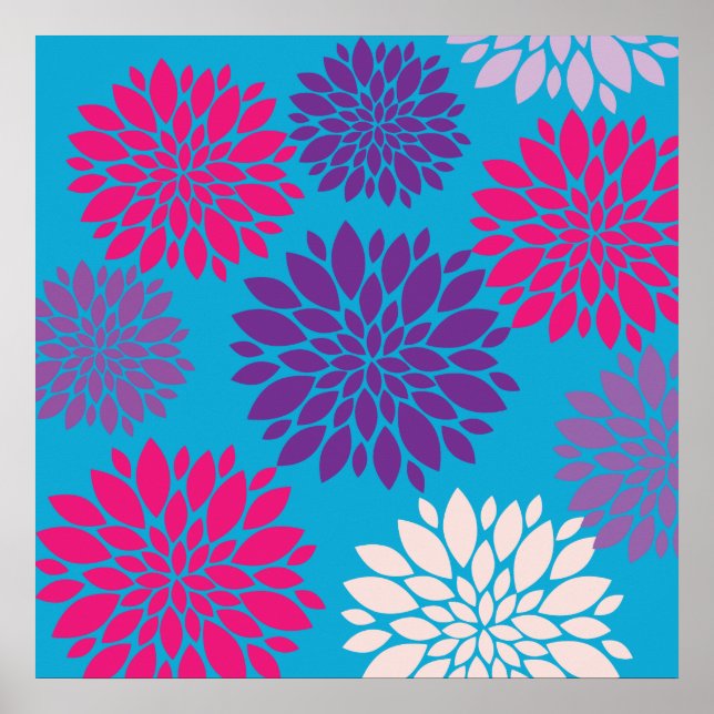 Poster Fleurs roses et violettes sur bleu Turquoise (Devant)