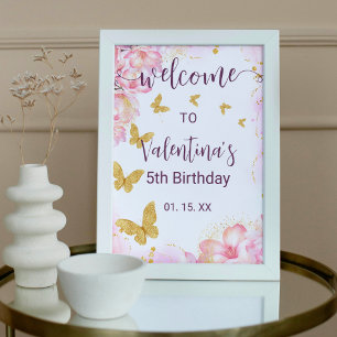Poster Fleurs roses Golden Butterflies Party Bienvenue