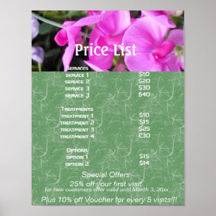 Poster Fleurs roses Liste de prix des services Reiki zen