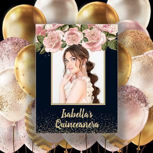 Poster Fleurs roses noires et or Photo Quinceañera Annive