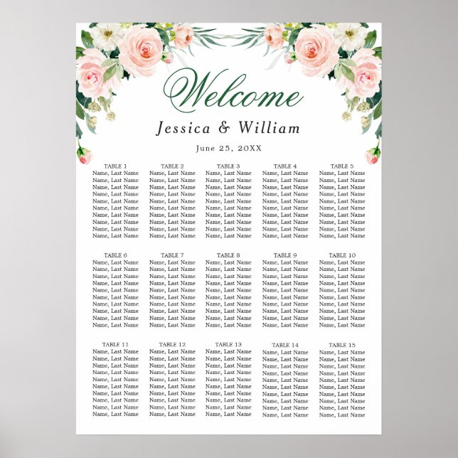 Poster Fleurs roses rousses 15 Tables Mariage GRAPHIQUE D (Devant)