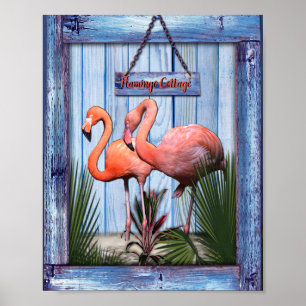 Poster Fleurs roses sur la texture de bois bleu