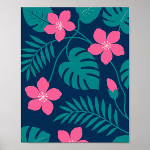 Poster Fleurs roses tropicales et feuillage vert Design