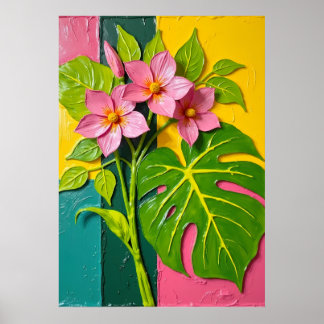 Poster Fleurs Roses Tropicales Monstera Feuille Art Poste