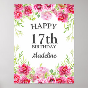 Poster Fleurs roses verdure blanche Joyeux Anniversaire