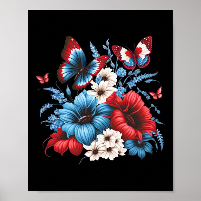Poster Fleurs - Rouge Blanc Et Bleu 4 juillet Patriotique (Devant)