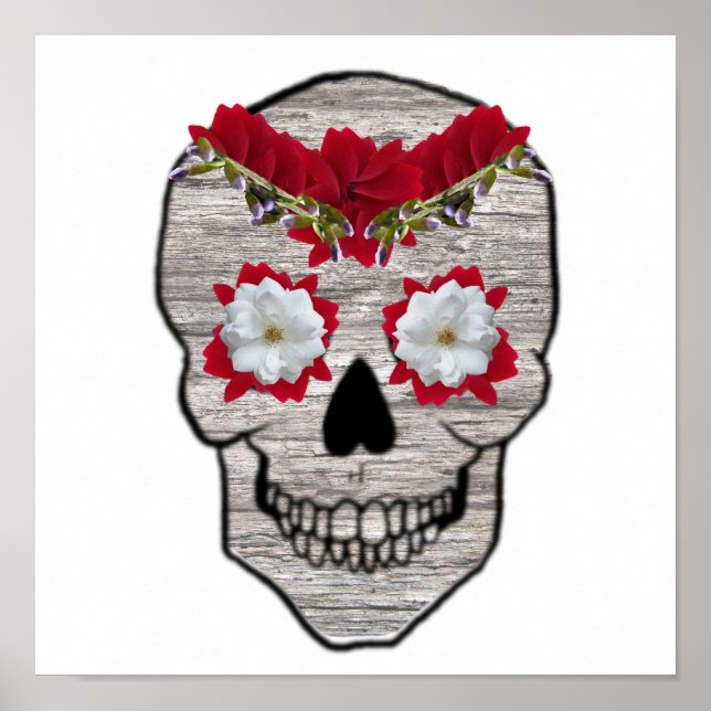 Poster Fleurs rouges du crâne de Hipster mort Imprimer (Devant)