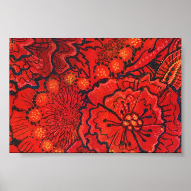 Poster Fleurs rouges, Fleur irky Abstrait Art Floral (Devant)