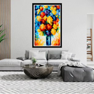 Poster Fleurs rouges jaunes blanches bleues abstraites su