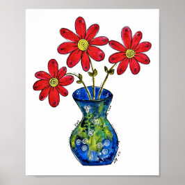 Poster Fleurs rouges lunaires dans Vase bleu