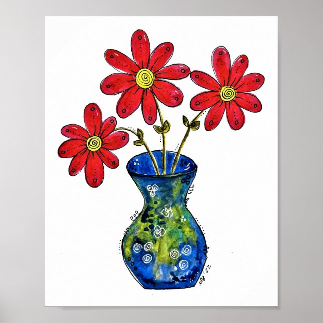 Poster Fleurs rouges lunaires dans Vase bleu (Devant)
