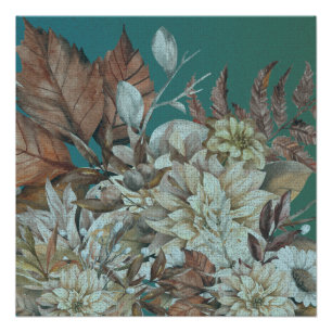 Poster Fleurs Rustiques antiques peintes sur Turquoise