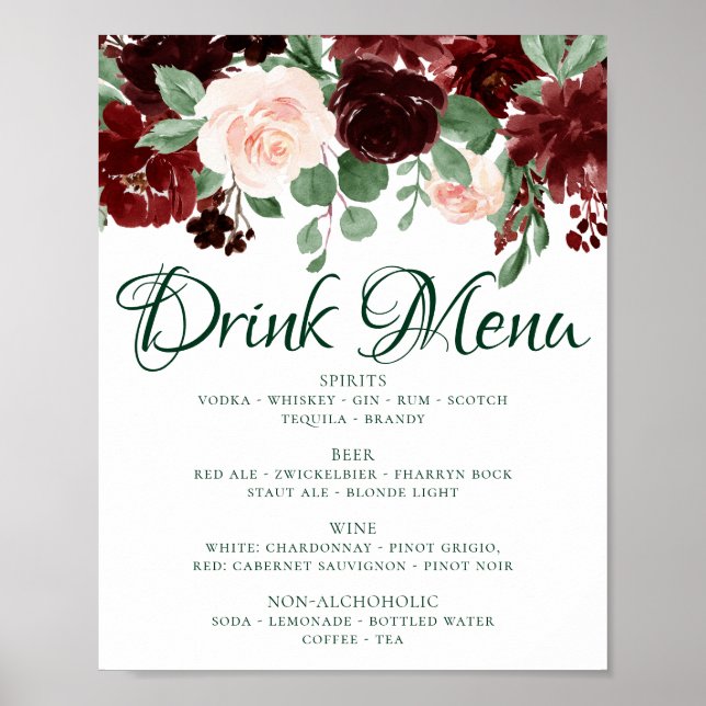 Poster Fleurs Rustiques | Menu de Boissons Rouge Marsala  (Devant)