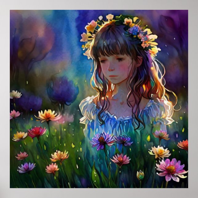 Poster *~ Fleurs sauvages AP56 Peinture Imaginaire fille (Devant)