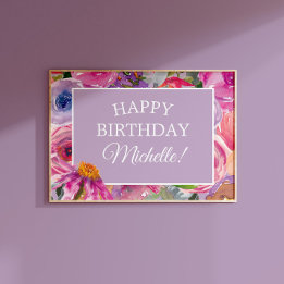 Poster Fleurs sauvages aquarelle rose violet Joyeux Anniv
