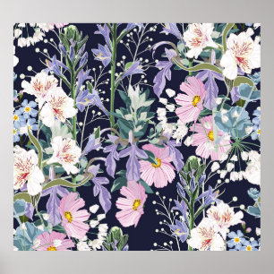 Poster Fleurs sauvages de printemps : Bleu foncé Vintage.