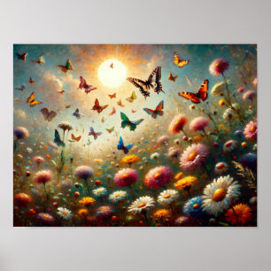 Poster Fleurs sauvages en fleurs entourés de papillons