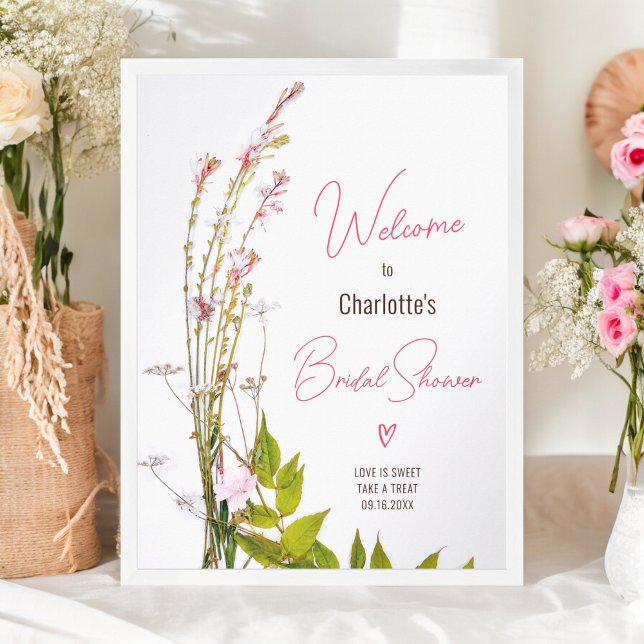 Poster Fleurs sauvages modernes script douche de mariée b (Modern wild flowers script bridal shower welcome poster)