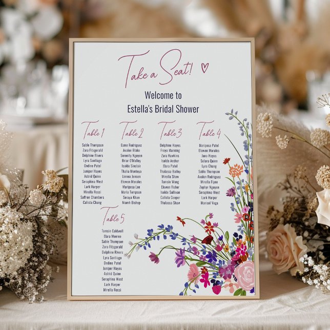Poster Fleurs sauvages modernes script douche de mariée s (Modern wild flowers script bridal shower seating poster)