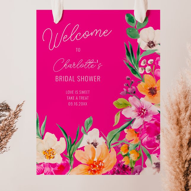 Poster Fleurs sauvages vives et vives bienvenue douche nu (Bright bold wild flowers welcome bridal shower poster on neon pink)