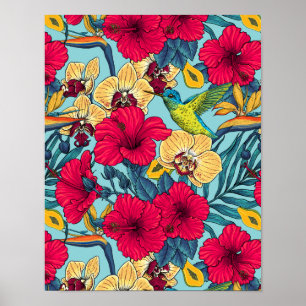 Poster Fleurs tropicales et colibri - Botanica d'été