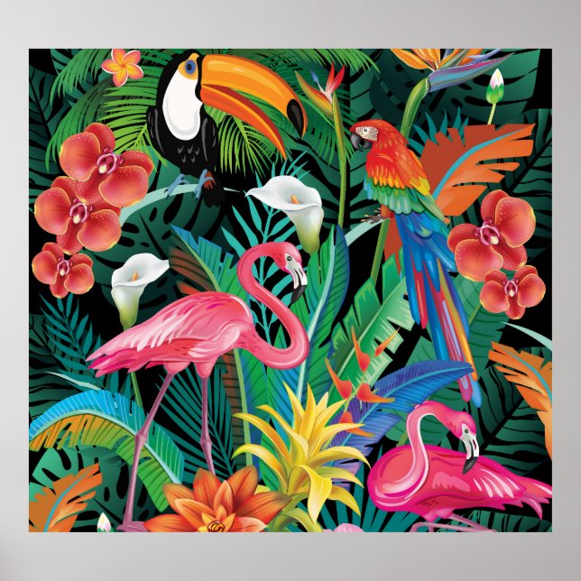 Poster Fleurs tropicales et composition d'oiseaux. (Devant)